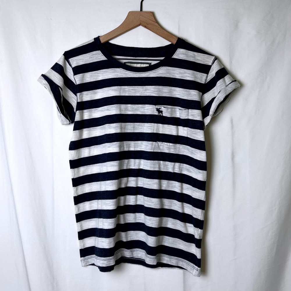 Abercrombie & Fitch Striped Pocket Logo Short Sleeve T-Shirt Size M Navy White